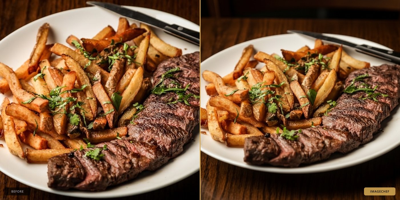 Before and after — phone photo transformed to professional food photography by ImageChef